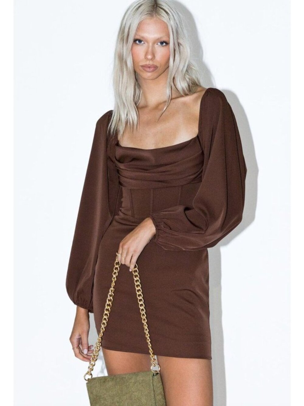 Princess Polly Lillie Corset Mini Dress Long Balloon Sleeves Size 10 Chocolate